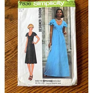 Vintage 1970s Simplicity 7836 Sewing Pattern Size XS 10 Maxi Midi Dress COMPLETE